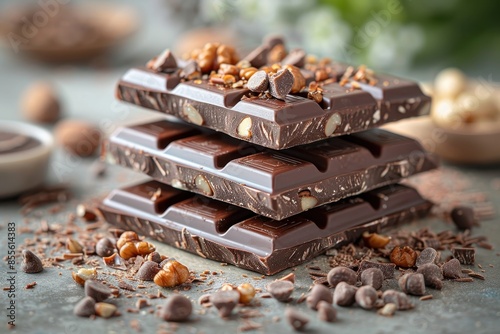 A detailed image of a chocolate bar with chunks of caramel and nuts peeking out from the broken pieces.  photo