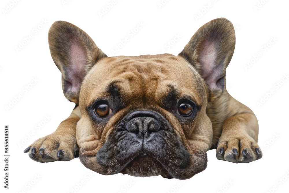 Cute brown French Bulldog lying down with a bored expression, isolated on white background. Perfect for pet and animal lovers. Cute brown French Bulldog lying down with a bored expression, isolated on white background. Perfect for pet and animal lovers.