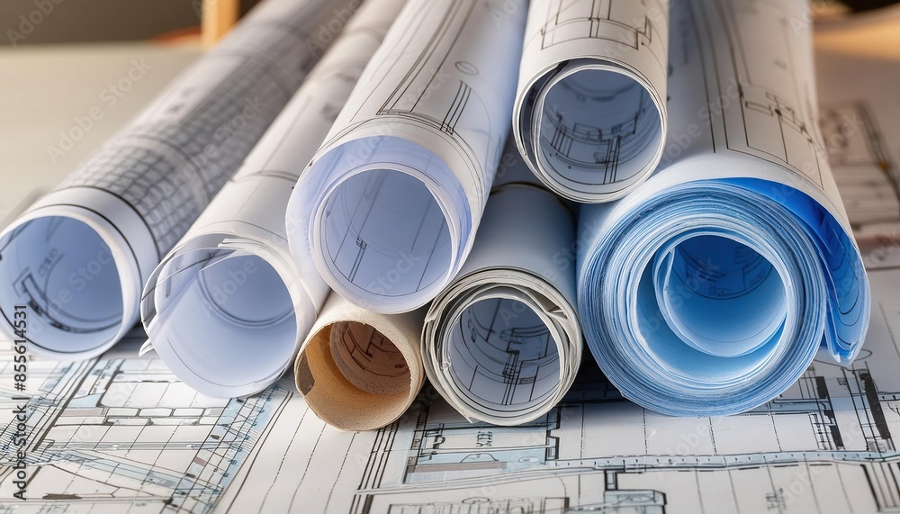 rolled blueprints on table rolled blueprints on table