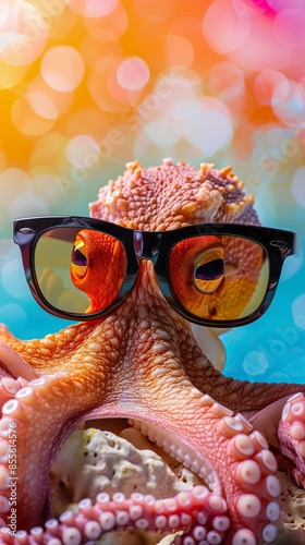 Funny octopus wearing sunglasses in studio with a colorful and bright background, octopus drawing