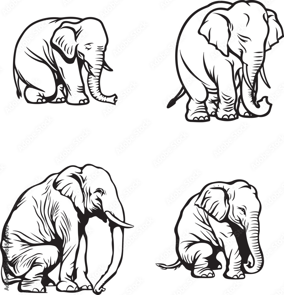 Fototapeta premium A set of elephants drawing vector outline