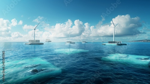 A futuristic depiction of an ocean-based renewable energy farm. photo