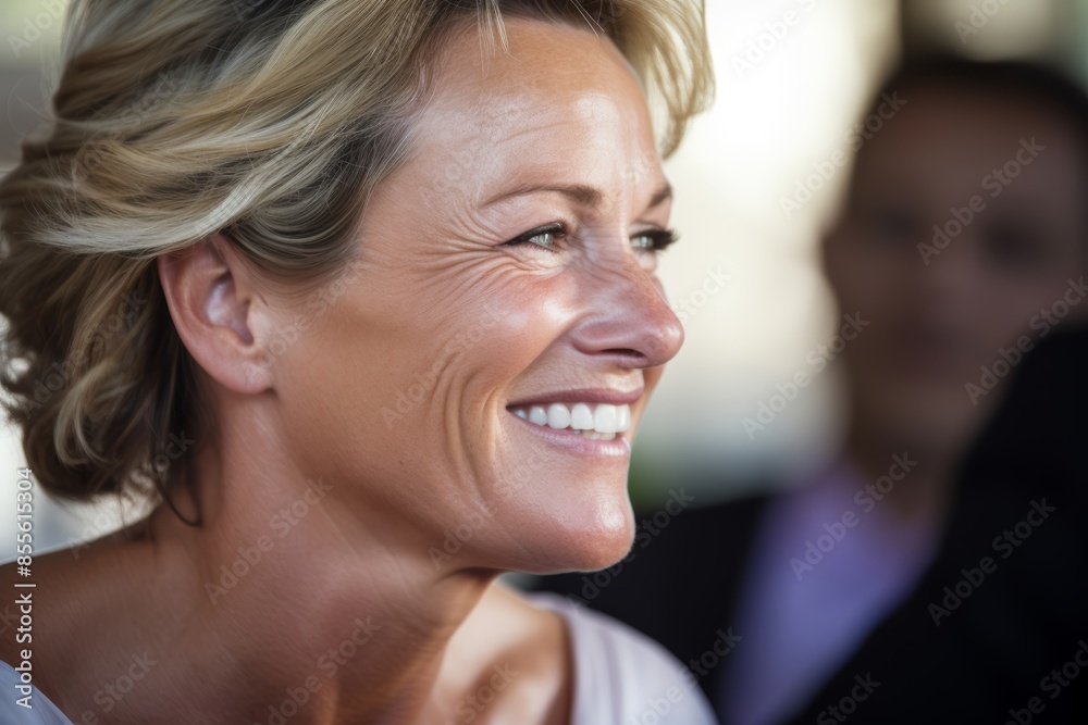 Fototapeta premium Mother in her 50s, smiling through her tears at her child's wedding in the blurred background