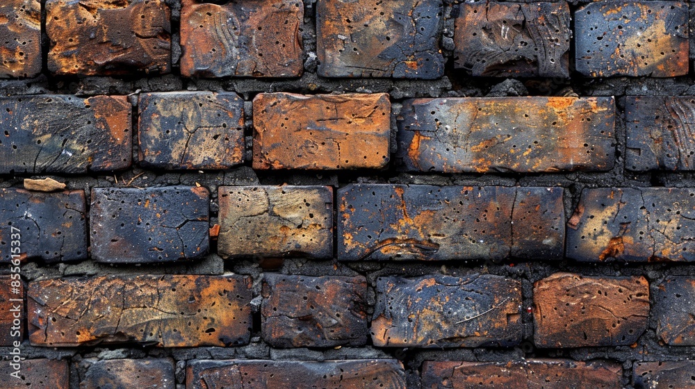 A close-up of a brick wall texture, with weathered bricks and mortar lines creating a solid and rugged pattern. Perfect for themes of architecture, construction, AI Generative.