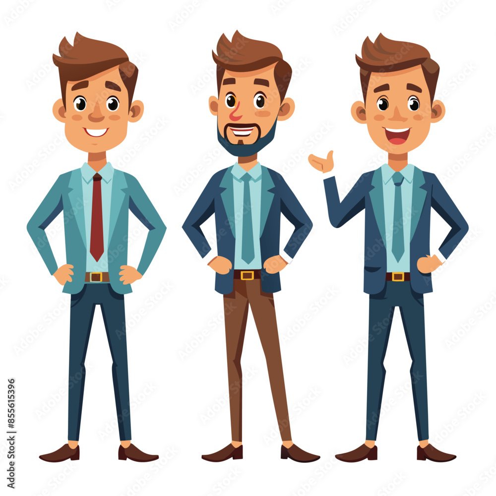 This image showcases three cartoon businessmen characters in casual attire, each with a unique pose This image showcases three cartoon businessmen characters in casual attire, each with a unique pose