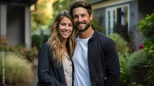 Young Couple Smiling in Front of Their Cozy House – Capturing Happy Moments