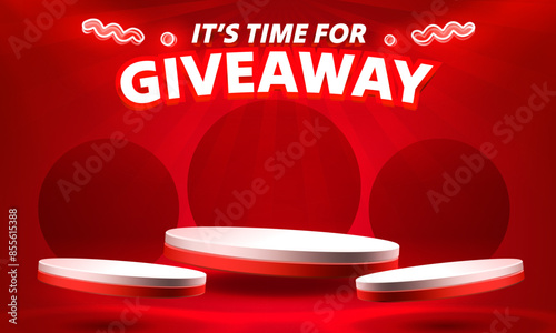 Giveaway neon podium, shop mega discount, special promo frame. Vector illustration
