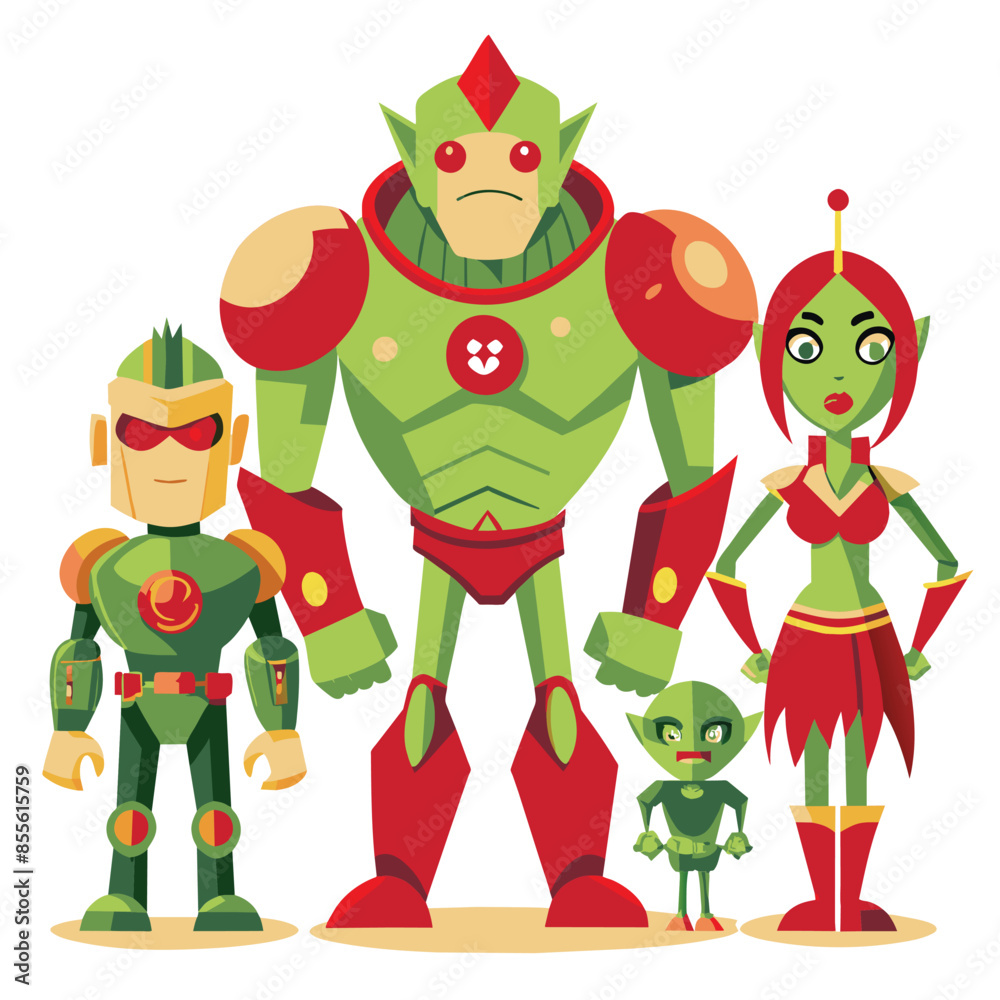 An illustration of four cartoon cyborg characters standing together. The characters are all green and red, with various accessories and poses