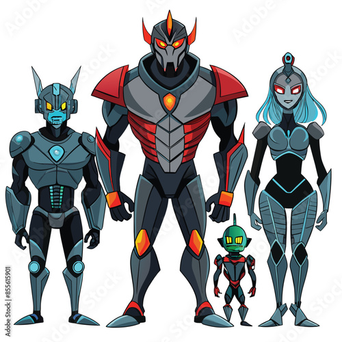 A group of four cyborg characters, isolated on a white background, stand side-by-side. The characters wear futuristic, metallic armor and have unique designs