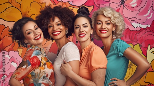 Radiant Women with Floral Pop Art Design. Radiant women posing together against a bright floral pop art design, highlighting their cheerful expressions and fashionable outfits. photo