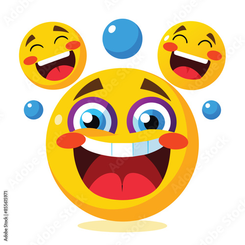 Collection of four joyful emojis with open mouths, wide smiles, blush, and blue bubbles. Center emoji has a prominent grin, surrounded by slightly smaller ones