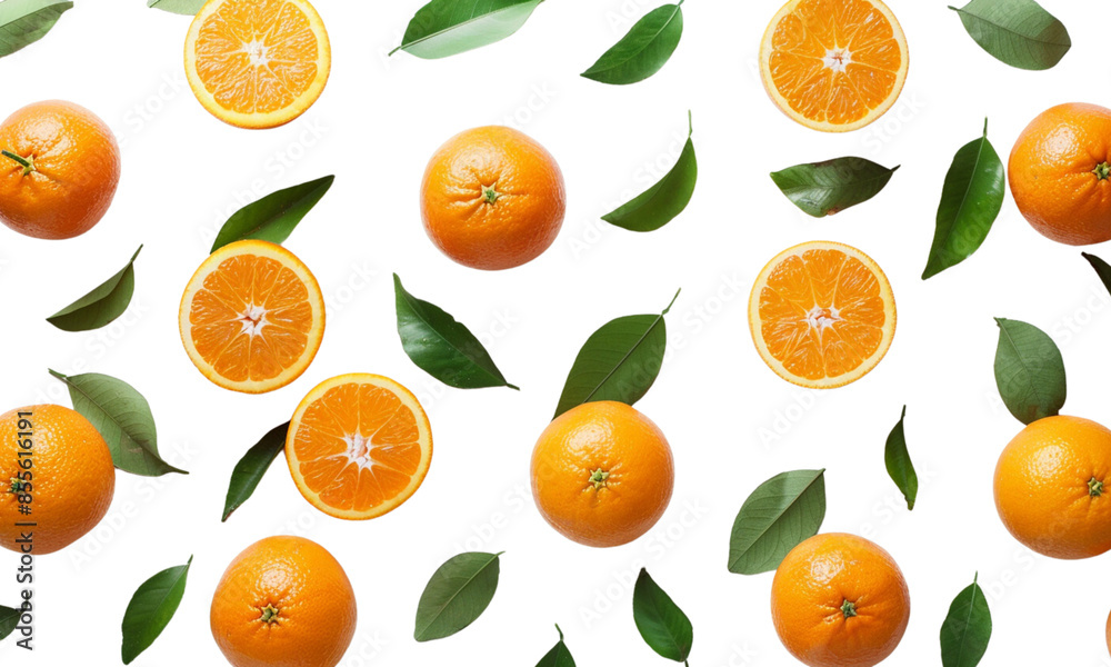3 oranges with leaves on a white background, cut in half, a whole orange next to it, in the style of hyper realistic photography 3 oranges with leaves on a white background, cut in half, a whole orange next to it, in the style of hyper realistic photography