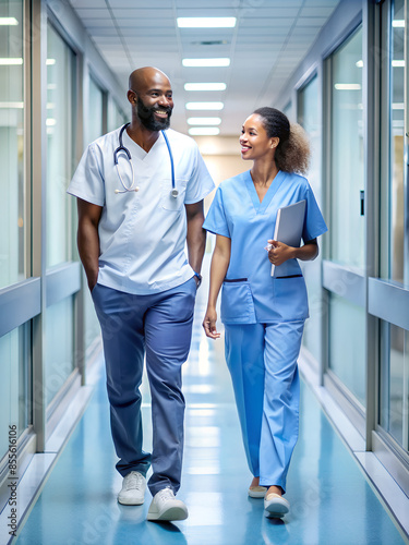African American doctor and nurse talking in hospital corridor