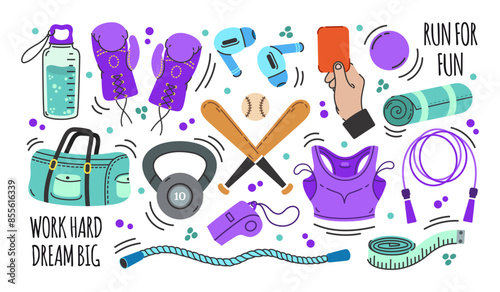 Sports and fitness vector icon set. Gym equipment for training, exercise, workout. Baseball bats, ball, boxing gloves, yoga mat, kettlebell, duffel. Running crop tank top, red card. Hand drawn doodle