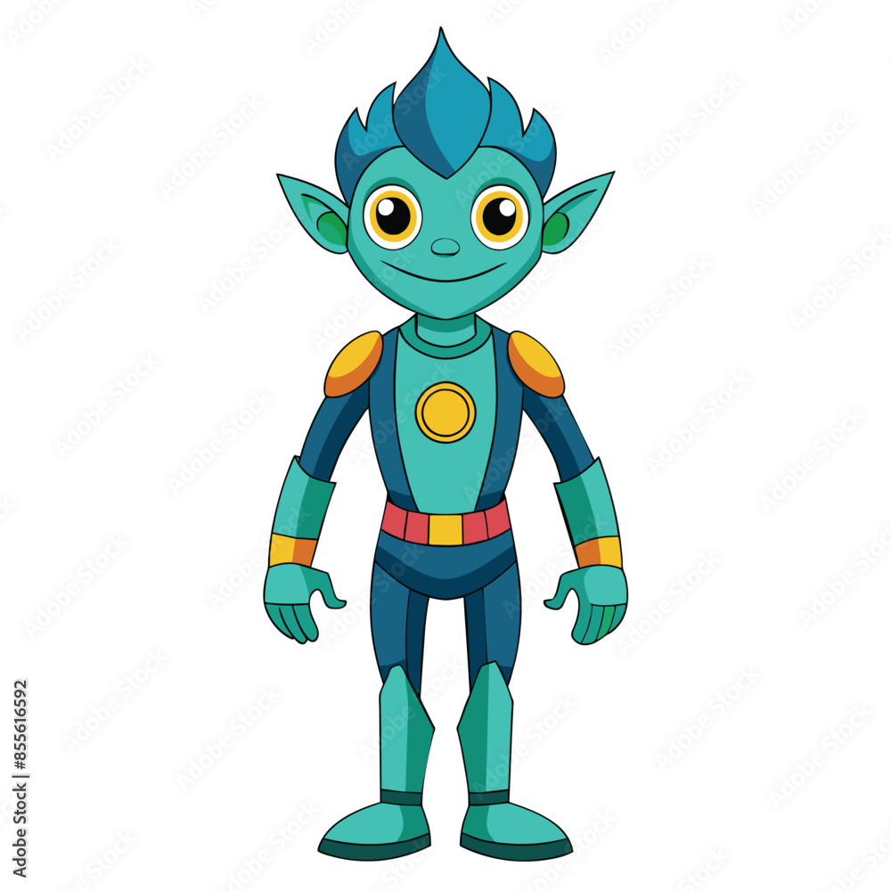 A cartoon of a blue alien with a big smile and pointed ears in a blue and yellow spacesuit, standing against a white background A cartoon of a blue alien with a big smile and pointed ears in a blue and yellow spacesuit, standing against a white background