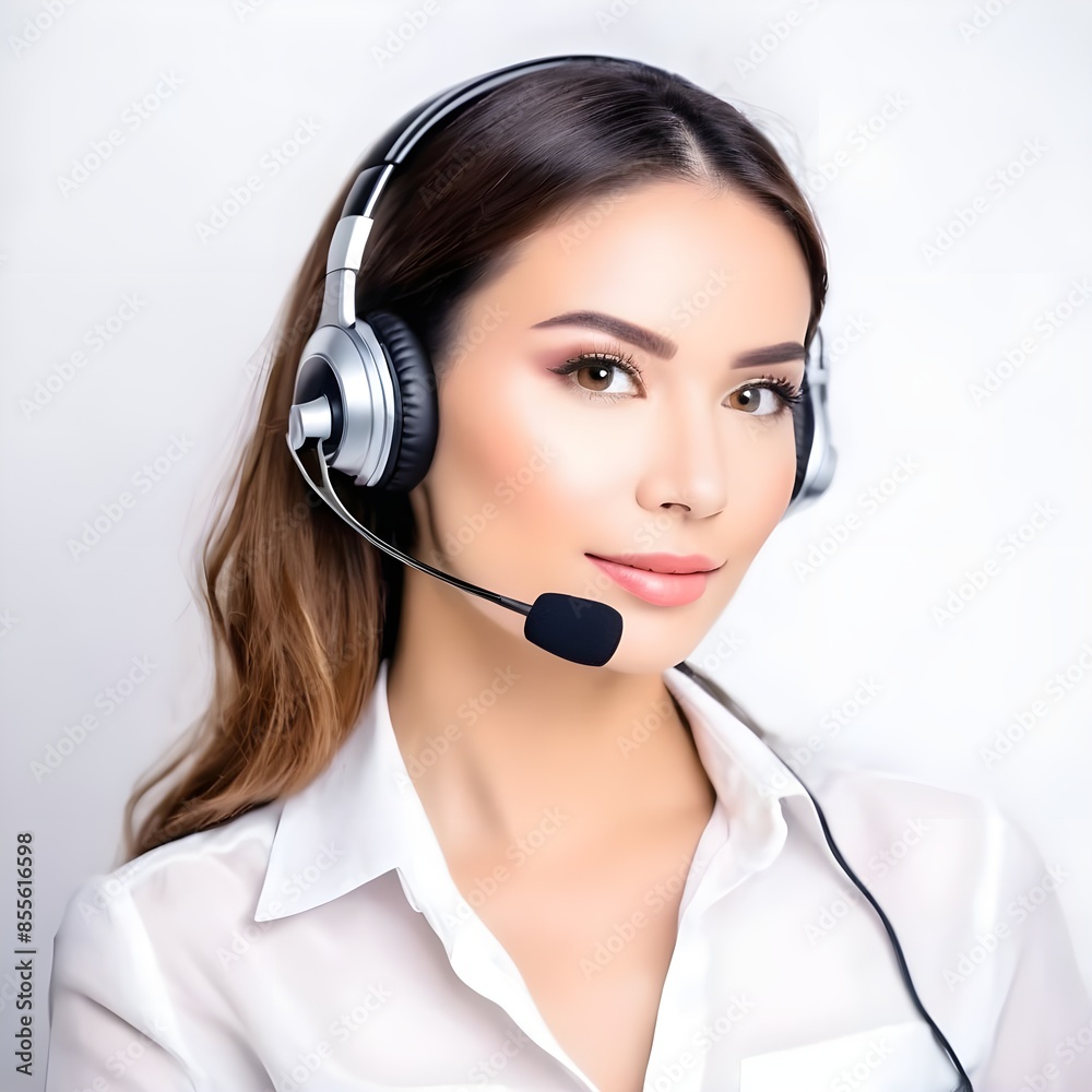 Reliable Help Call Center Operator with Headset on Woman Support White Banner Reliable Help Call Center Operator with Headset on Woman Support White Banner