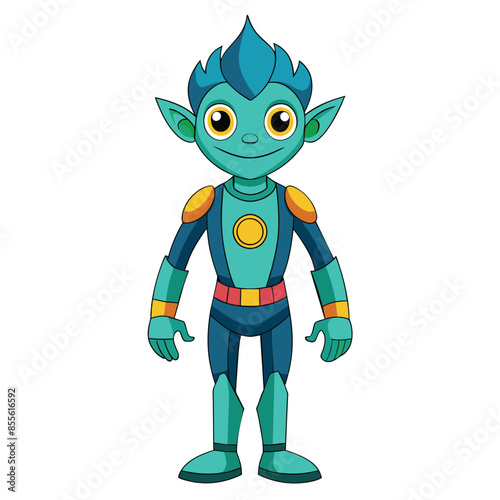Wallpaper Mural A cartoon of a blue alien with a big smile and pointed ears in a blue and yellow spacesuit, standing against a white background Torontodigital.ca