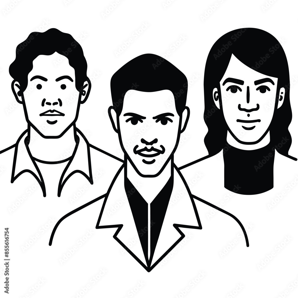 A black and white pop art style illustration of three characters, two men and a woman, standing in a row, looking directly at the viewer A black and white pop art style illustration of three characters, two men and a woman, standing in a row, looking directly at the viewer