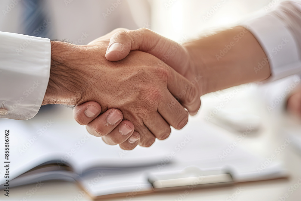 An estate agent and a customer shake hands, sealing a deal with a contract signature An estate agent and a customer shake hands, sealing a deal with a contract signature