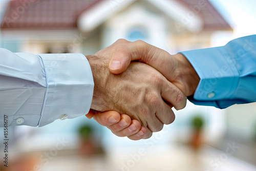 An estate agent and a customer shake hands, sealing a deal with a contract signature photo