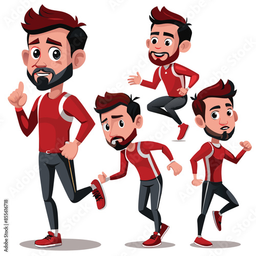 A set of four vector illustrations depicting a bearded man character in various running poses