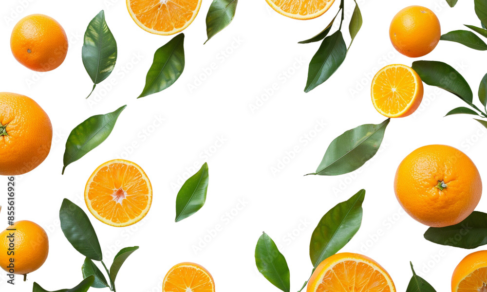 3 oranges with leaves on a white background, cut in half, a whole orange next to it, in the style of hyper realistic photography 3 oranges with leaves on a white background, cut in half, a whole orange next to it, in the style of hyper realistic photography