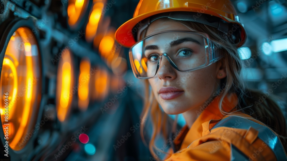 Female Engineer in High-Speed Train Control Room. Female engineer in a high-speed train control room, highlighting her role in modern rail technology and safety.