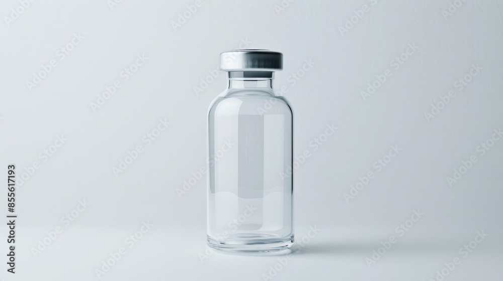 Transparent medical bottle on white background without labels showcasing clinical research for new vaccines and diseases in scientific medicine Transparent medical bottle on white background without labels showcasing clinical research for new vaccines and diseases in scientific medicine