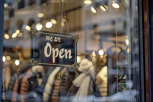 A "We are Open" sign on the glass door of a stylish clothing store invites customers inside
