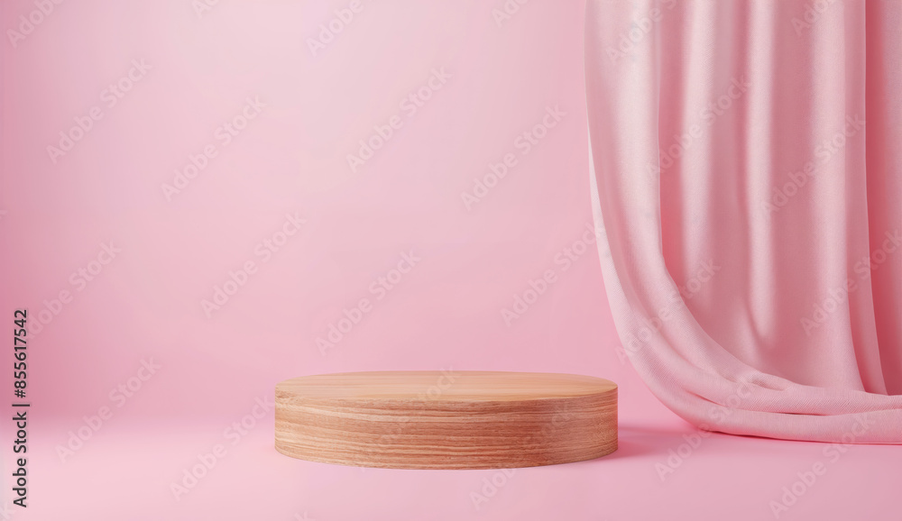 Empty wooden podium with pink fabric curtain on a pink background. Empty wooden podium with pink fabric curtain on a pink background.