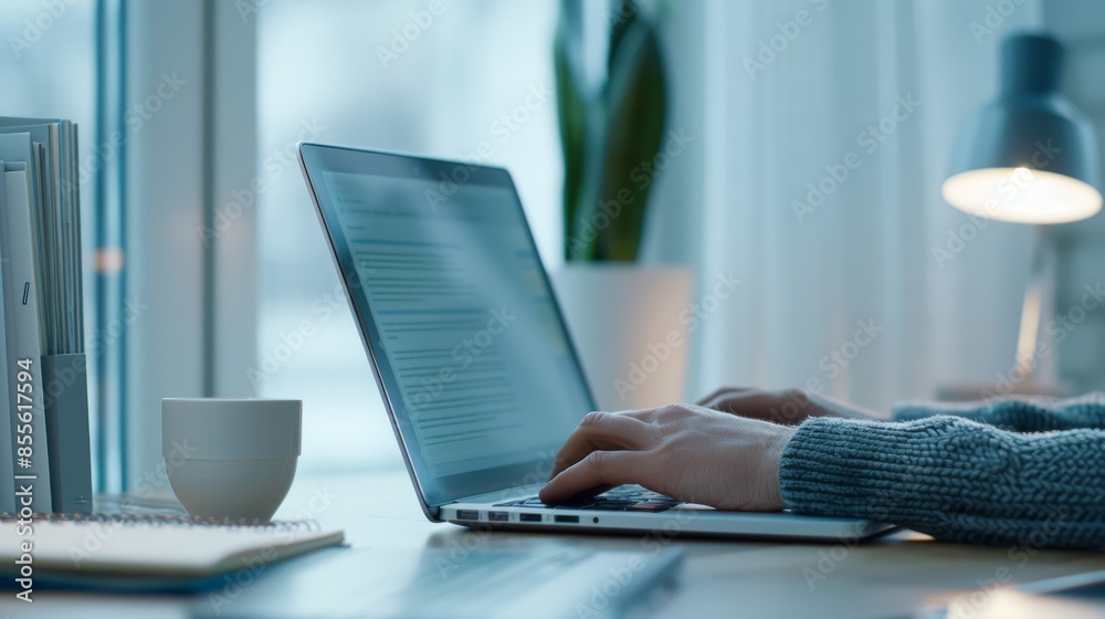 A person engaged in online learning using a laptop and digital materials in a modern home setting A person engaged in online learning using a laptop and digital materials in a modern home setting