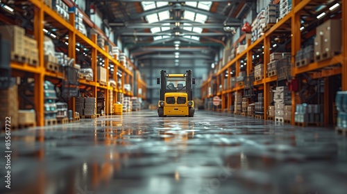 Yellow Forklift in Industrial Warehouse. Yellow forklift is positioned centrally in a large industrial warehouse, surrounded by shelves stacked with various items.