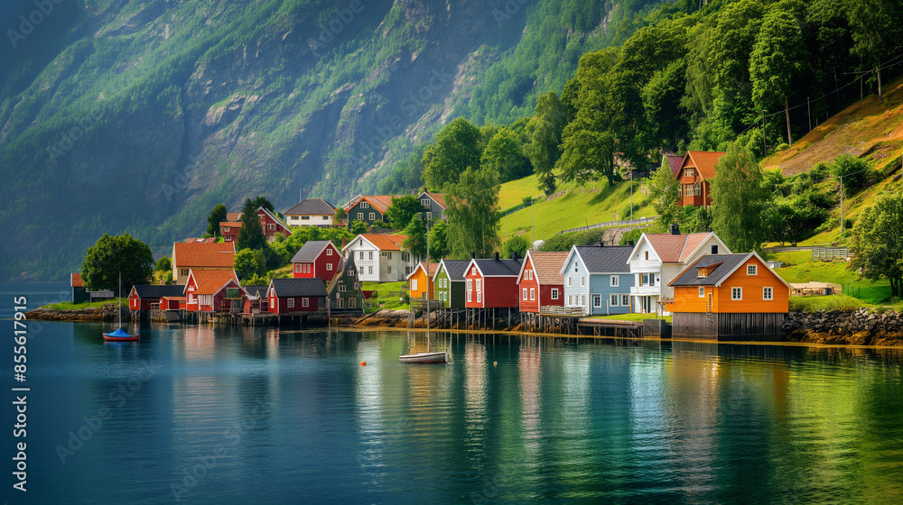 Vibrant houses along the shoreline of a Norwegian fjord with green hills and clear skies in the background