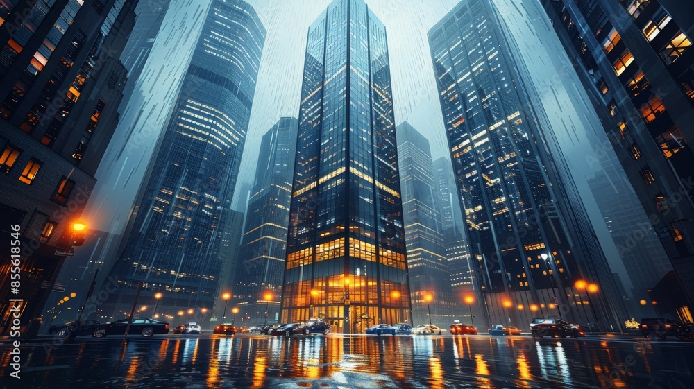 Obraz premium Illuminated Modern Skyscrapers Reflecting on Wet City Streets During a Rainy Night in a Bustling Urban Metropolis with Traffic LightsNight cityscape
