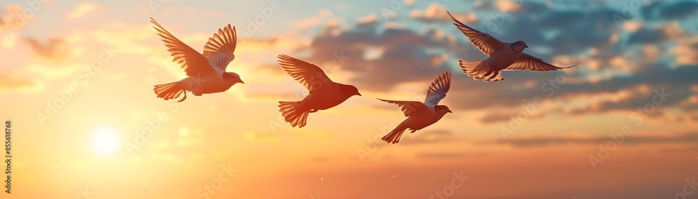 Obraz premium Young Birds Learning to Fly in Bright Sky Symbolizing New Experiences and Embracing Energy of New Beginnings