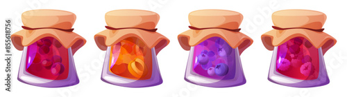 Sweet fruit and berry jam in glass jar with fabric cap cover. Cartoon vector illustration set of homemade preserve marmalade with cherry, apricot, blueberry and raspberry. Organic canned jelly food.