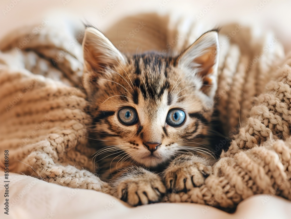 Obraz premium Newborn Kitten Exploring Cozy Blanket Curious Eyes Symbolizing Discovery and New Beginnings