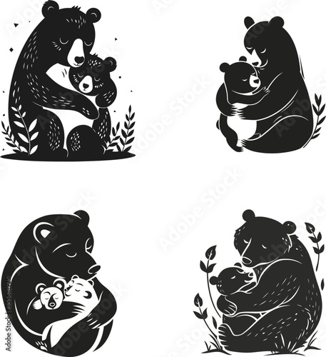 Bear Mother And Her Baby Flat Vector Illustration.