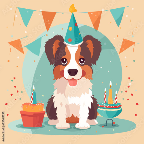 Birthday Hat At Dog Party Vector Art Illustration.