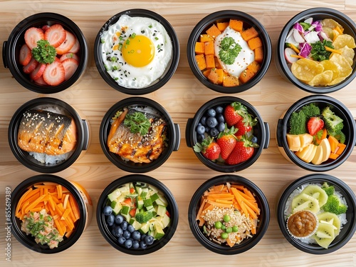 An overhead shot of various healthy meal delivery service dishes in black plastic containers, including fish fillet with rice and vegetables, egg sunny over sweet potato chips, fruits such as strawber photo