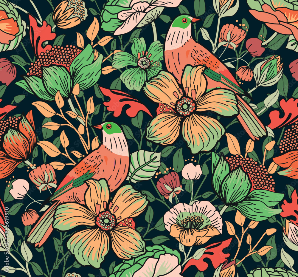 Seamless pattern for textile or wallpaper with flowers, leaves and birds. Full color print. Seamless pattern for textile or wallpaper with flowers, leaves and birds. Full color print.