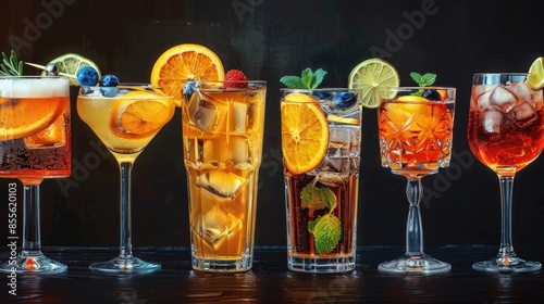 Assortment of Colorful Cocktails with Fruit Garnish