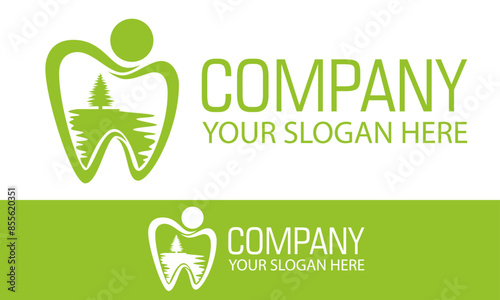 Green Color Abstract Tooth Dental Clinic Nature Hill Logo Design