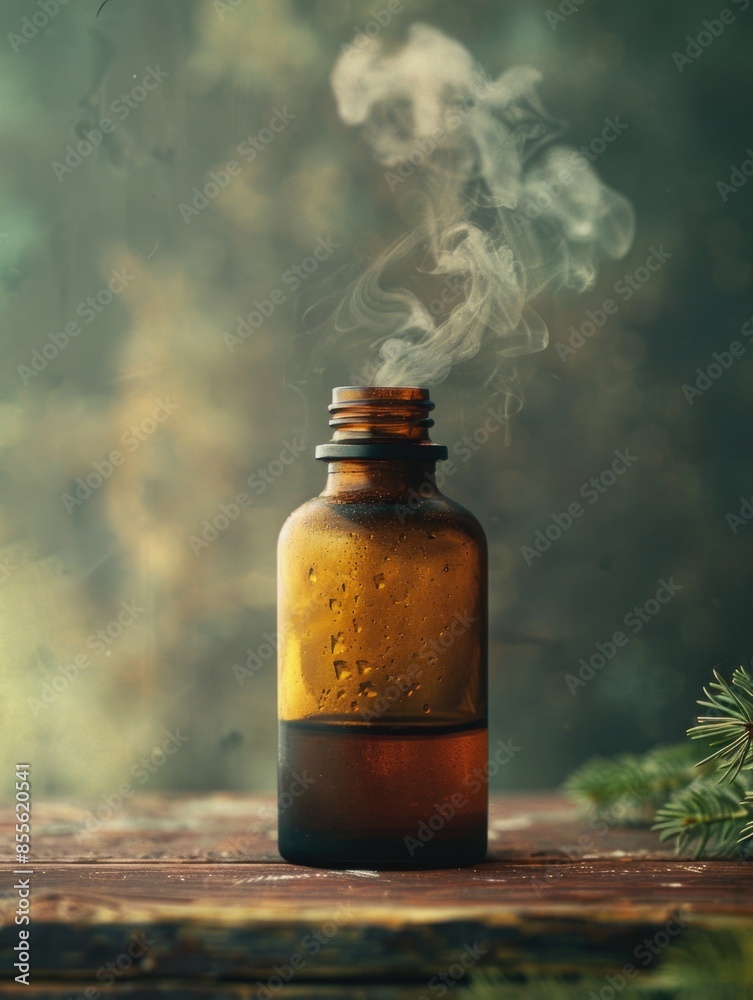 A brown glass bottle with smoke coming out of it, can be used for mystery or suspense scenes A brown glass bottle with smoke coming out of it, can be used for mystery or suspense scenes