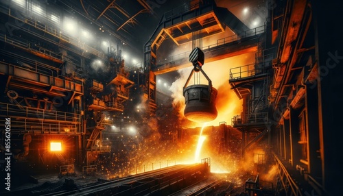 industrial foundry scene, featuring a large crane-operated ladle pouring glowing molten metal into a mold. Sparks and molten splashes