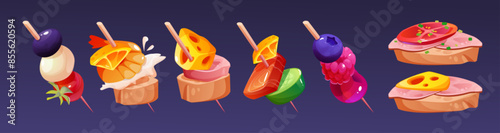 Appetizer snacks set isolated on black background. Vector cartoon illustration of finger food served for restaurant banquet, bruschetta with ham, cheese, toothpicks with seafood, vegetables and fruit