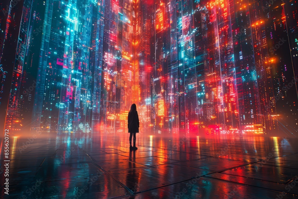 Obraz premium Silhouette of Person Standing in Futuristic Digital Cityscape with Vibrant Neon Lights and Reflections in a Cyberpunk MetropolisSilhouette