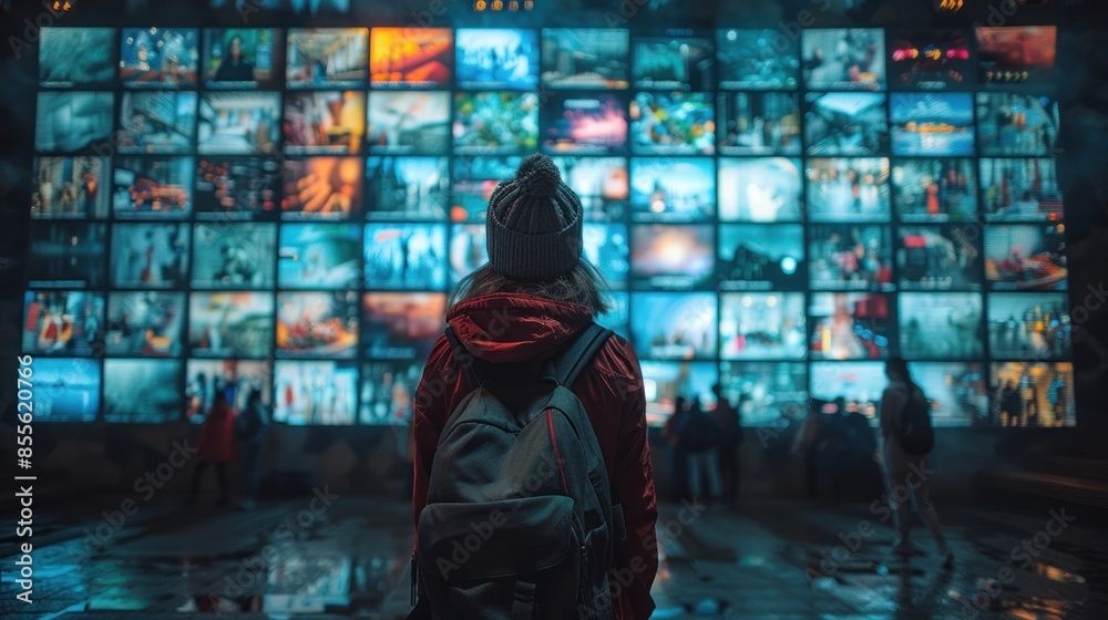 A Lone Figure Amidst a Wall of Screens A Lone Figure Amidst a Wall of Screens