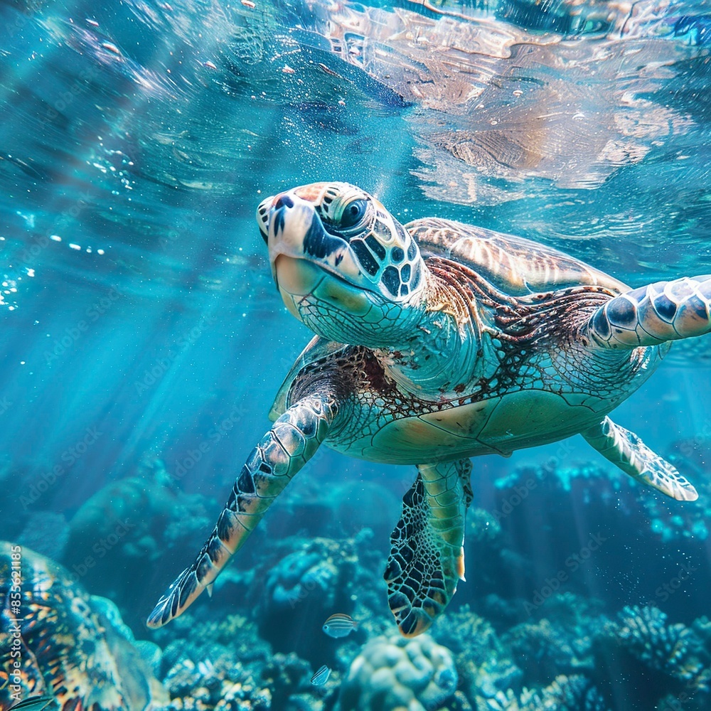 Fototapeta premium turtle swimming underwater photography style Made, turtle drawing