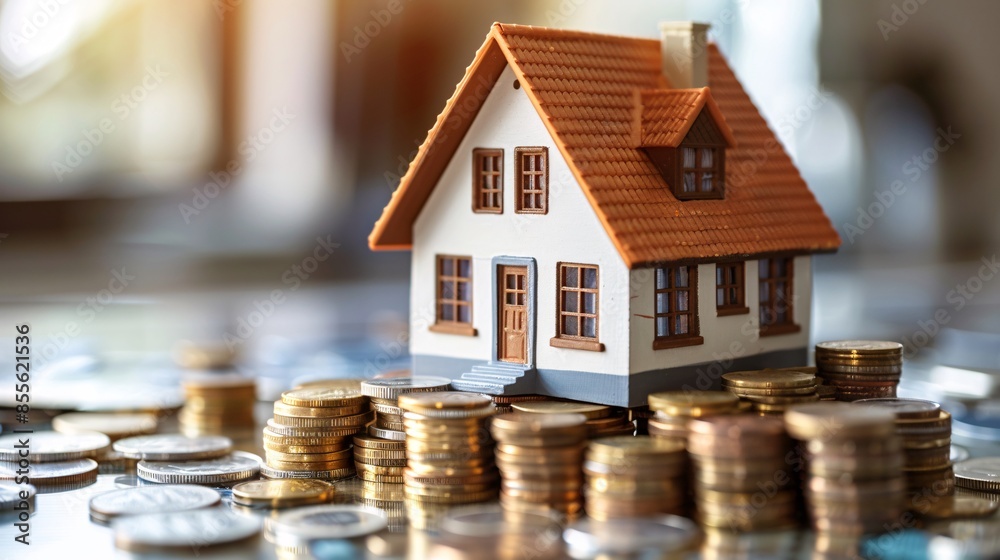 A miniature house model sits atop a stack of coins, symbolizing a thoughtful savings plan and investment strategy in real estate. The image features ample copy space to convey messages related to A miniature house model sits atop a stack of coins, symbolizing a thoughtful savings plan and investment strategy in real estate. The image features ample copy space to convey messages related to